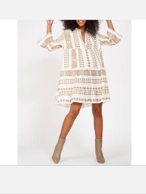 Silk and  Salt White & Tan Printed V-Neck Swing Dress